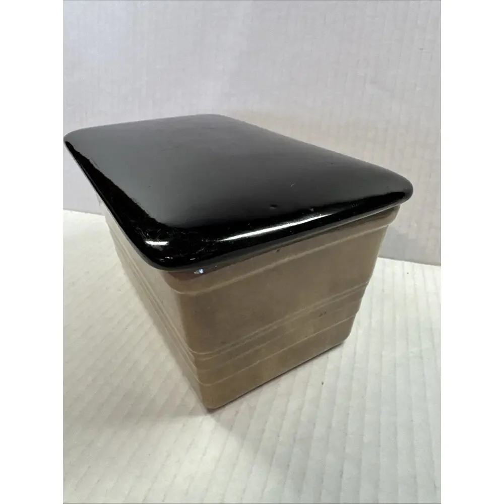 Antique Gem Clay Pottery Covered Dish trinket box black & tan neutral minimalist